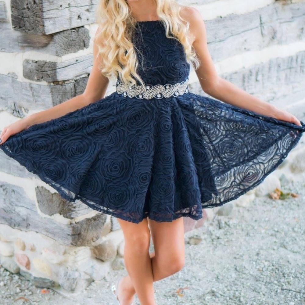 Navy Blue Rose Printed Homecoming Dress